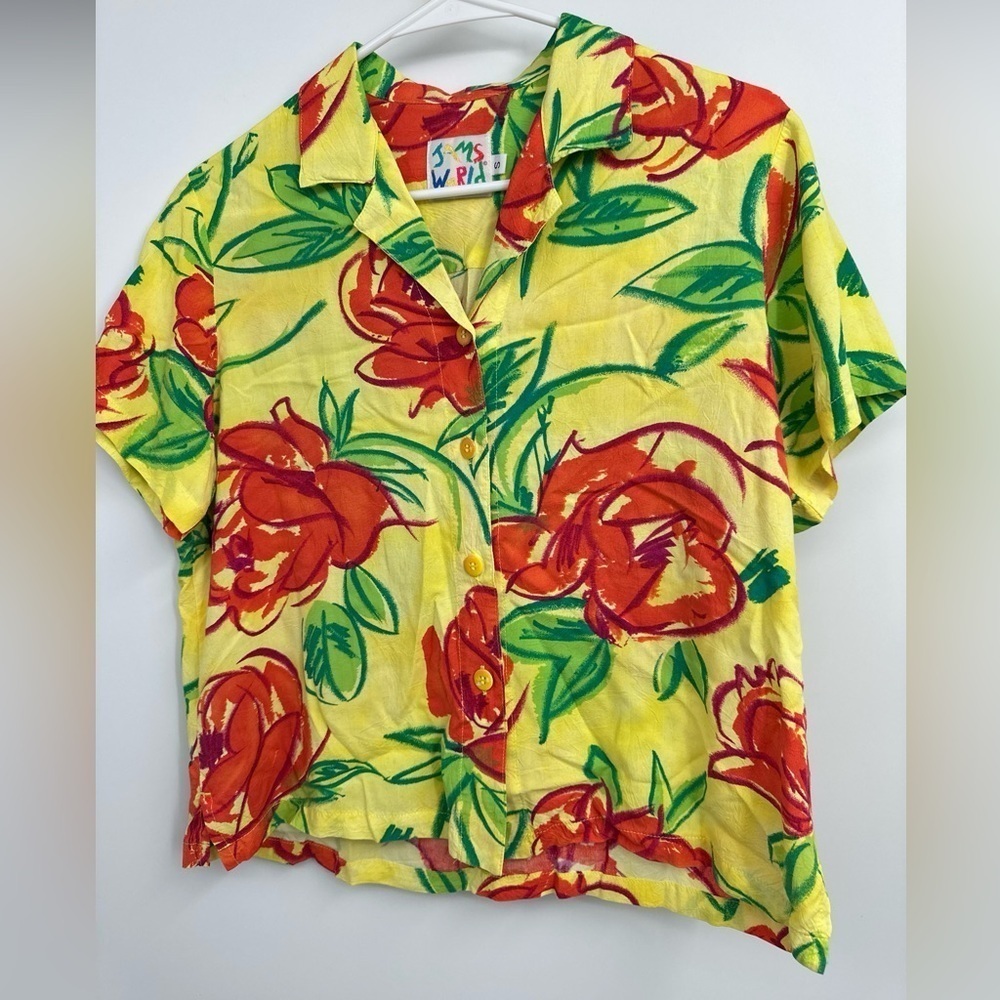 Jams World Women's Button Up Floral Blouse “Hot Rose” Size Small Rayon USA
